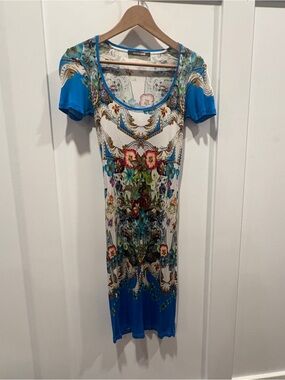 Roberto Cavalli Blue Floral Scoop-Neck Midi Dress